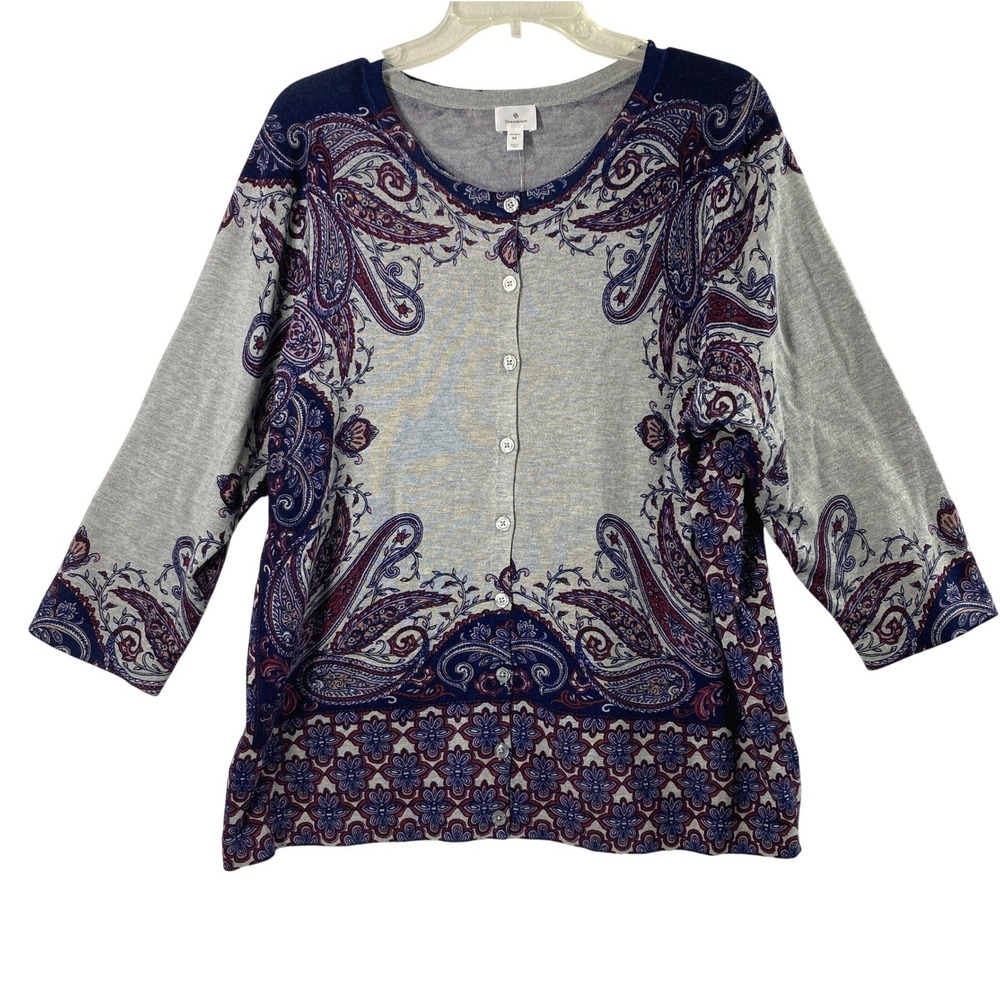 Dressbarn Paisley Cardigan Sweater Women 2X Gray Navy Burgundy Button Up Layer